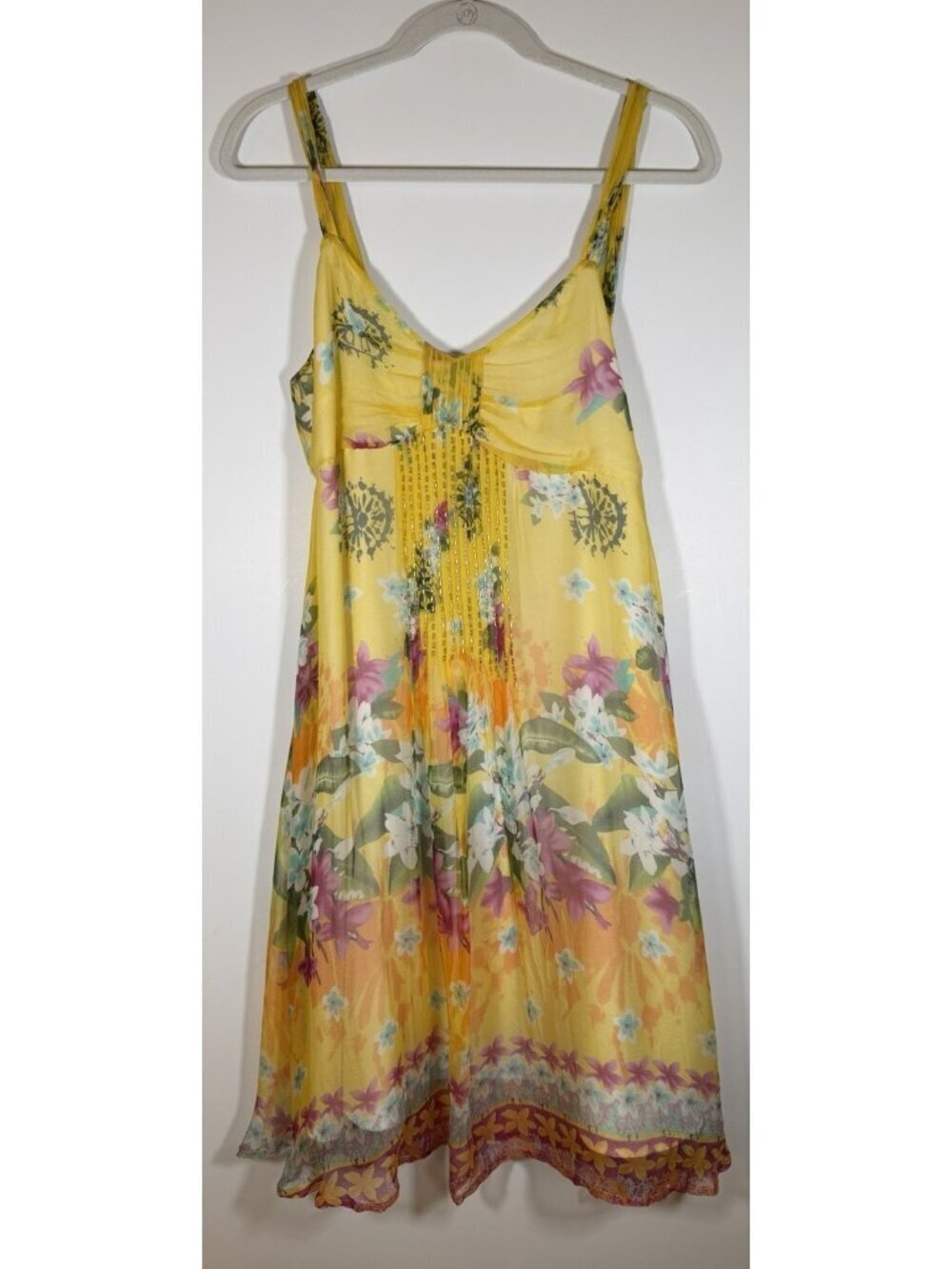 Vintage Y2K Beau Bois yellow floral fairy silk babydoll beaded coquette dress M